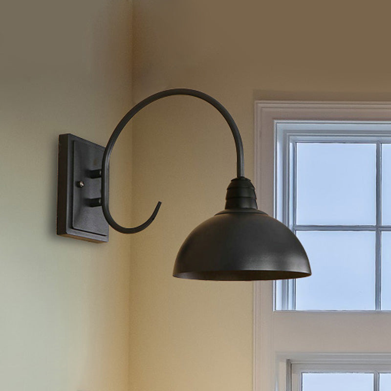 Black Retro Wall Sconce With Domed Metallic Shade And Curved Arm