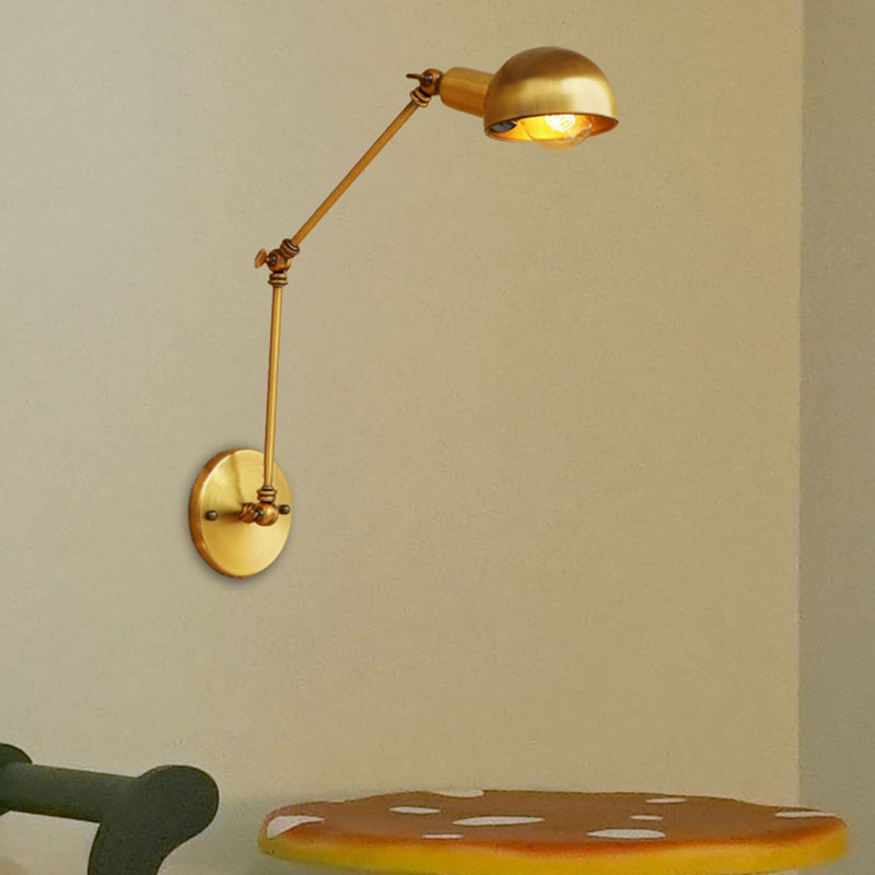 Vintage Style Metal Swing Arm Wall Lighting With Bowl Shade - 1 Light Brass Sconce For Study Room