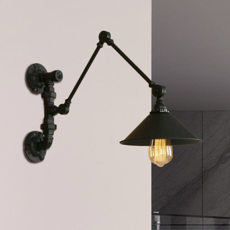 Industrial Metal Swing Arm Bedroom Wall Sconce - Black Mount Light With Cone Shade (7/8.5 Wide)