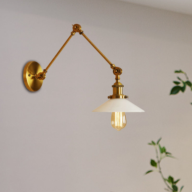 1-Light Saucer Shade Wall Sconce With Swing Arm - Industrial Brass/Bronze Finish And Frosted Glass