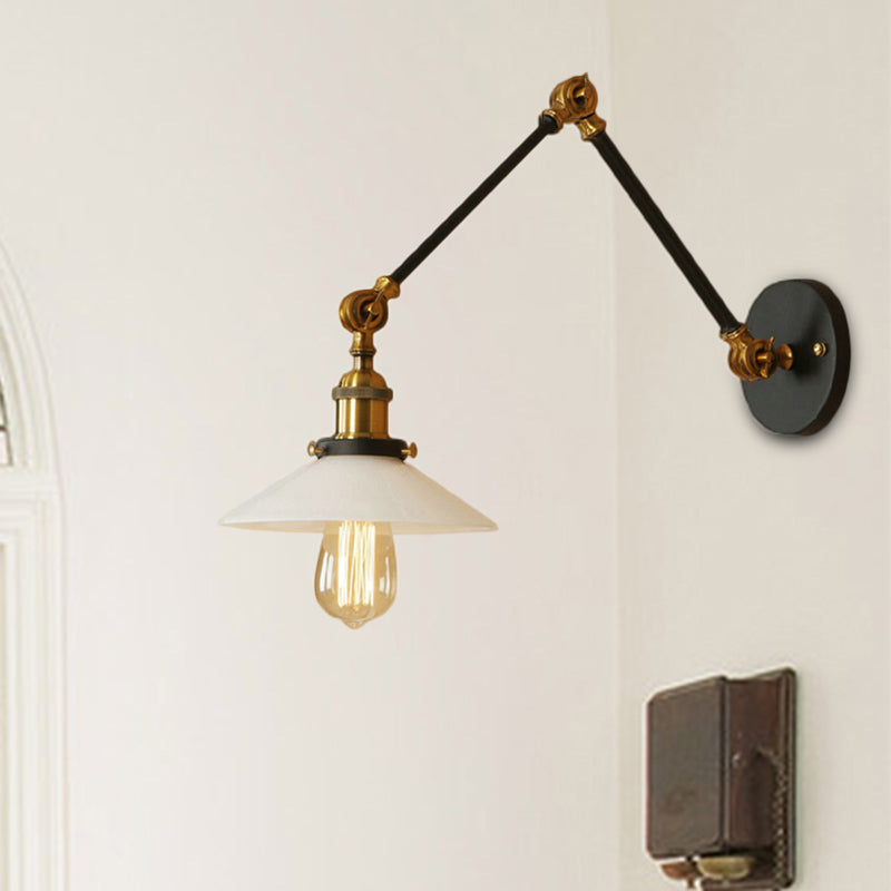 1-Light Saucer Shade Wall Sconce With Swing Arm - Industrial Brass/Bronze Finish And Frosted Glass