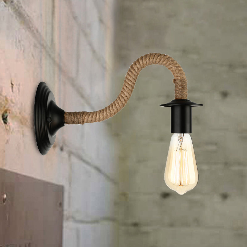 Industrial Black Wall Light With Roped Gooseneck Arm And Circle Mount For Balcony /