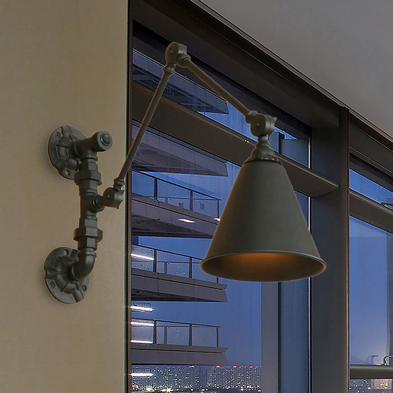 Swing Arm Wall Sconce Light - Industrial Metal Lamp With Conical Shade In Black For Study Room