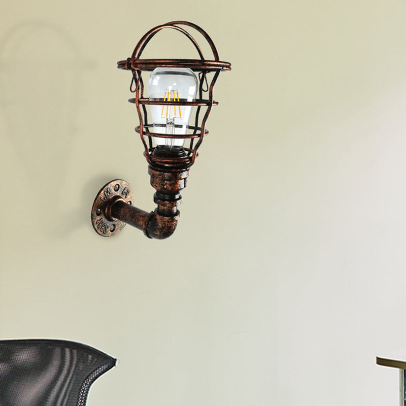 Wire Cage Sconce With Industrial Pipe & Rust Finish