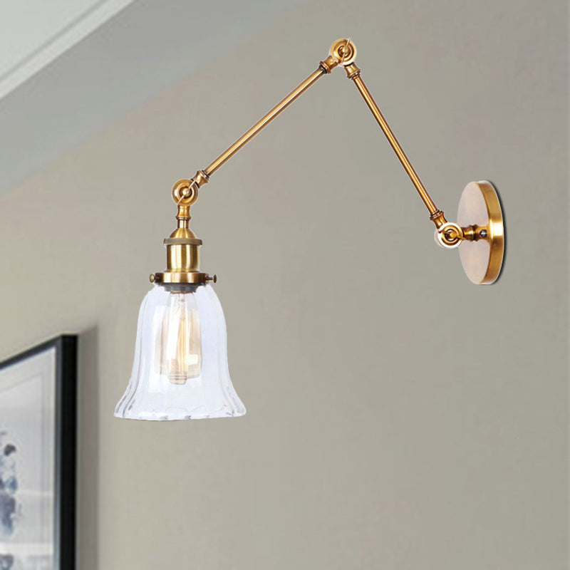 Vintage Style Brass Flared Wall Lighting With Clear Textured Glass - 1 Light Sconce Fixture For