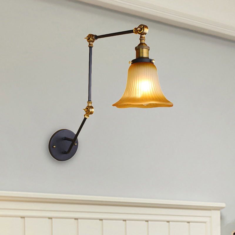 Adjustable Arm Amber Glass Black Wall Sconce With Bell Shade - 1-Light Industrial Light Fixture