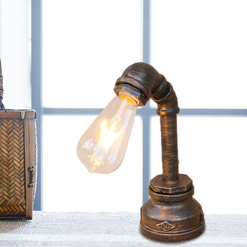 Rustic Iron Table Lamp With Antique Bronze Finish - Exposed Bulb Bedroom Lighting Pipe Design