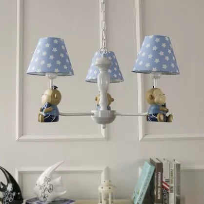 Tapered Shade Chandelier With Monkey Accent - Ideal For Kids Dining Room 3 / Blue