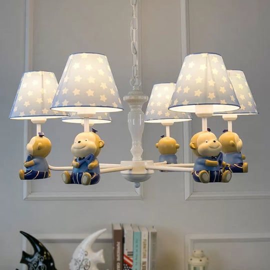 Tapered Shade Chandelier With Monkey Accent - Ideal For Kids Dining Room 5 / Blue