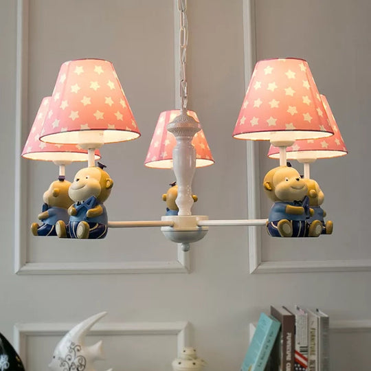 Tapered Shade Chandelier With Monkey Accent - Ideal For Kids Dining Room 5 / Pink