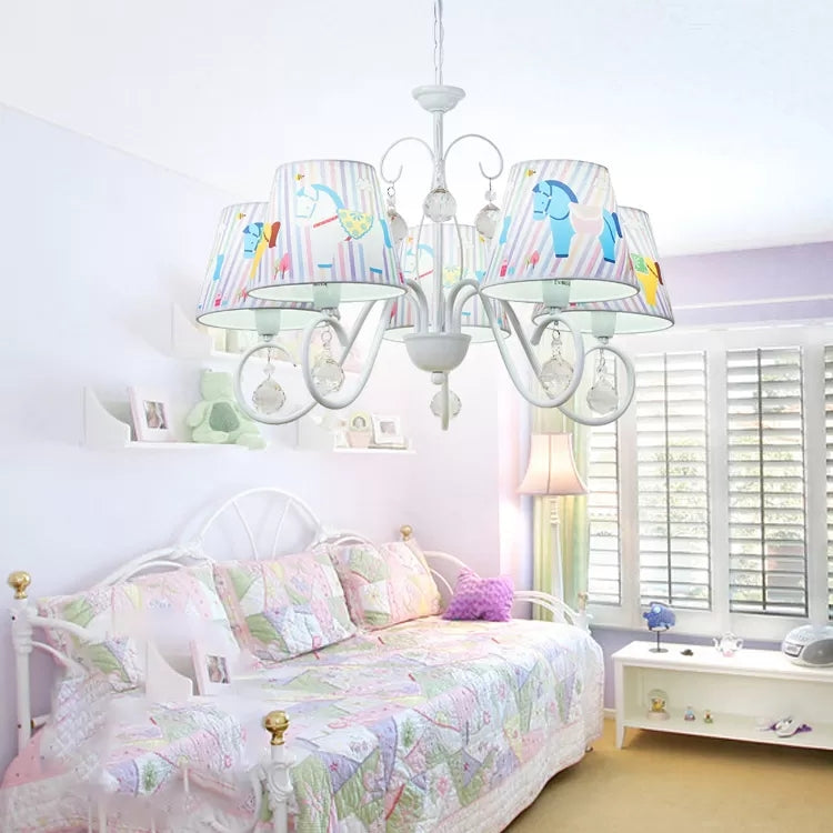 Cartoon Pony 5-Light Hanging Chandelier With Tapered White Shade For Nursing Room