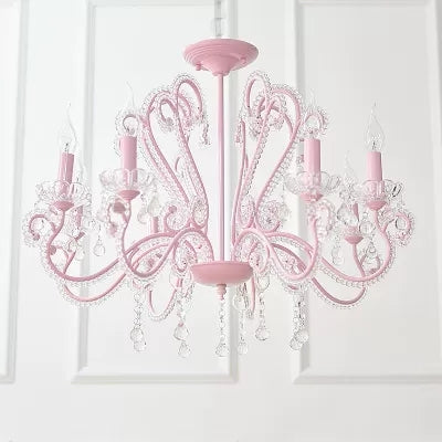 Pink Crystal Bead Metal Chandelier - Modern Hanging Light For Candle Restaurant