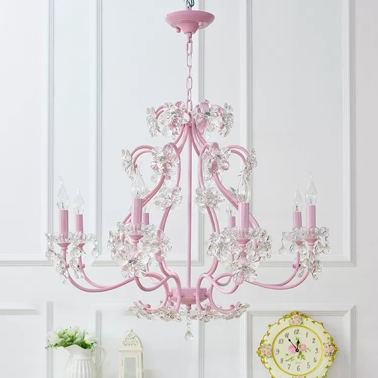 Pink Crystal Kids Metal Chandelier: Candle-Shaped Hanging Light With Clear Crystals For Dining Room