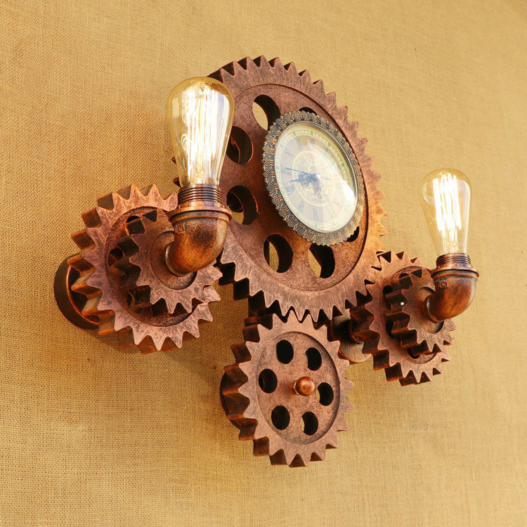 Industrial Style Rustic Wrought Iron Wall Sconce With Exposed Bulbs And Gear Decoration Rust