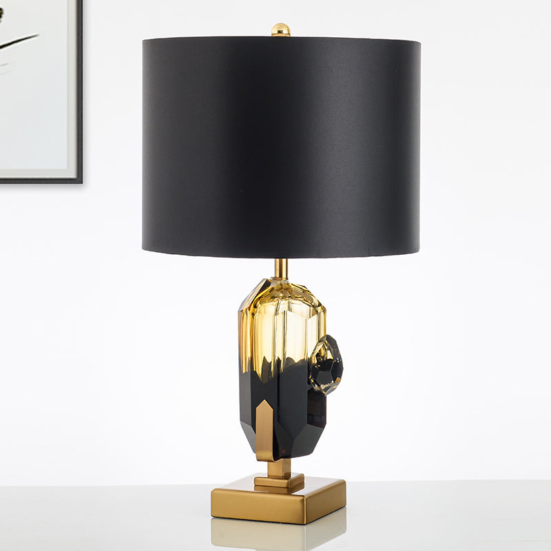 Modern Black Night Table Lamp With Crystal Base: Straight Sided Shade Fabric 1 Bulb