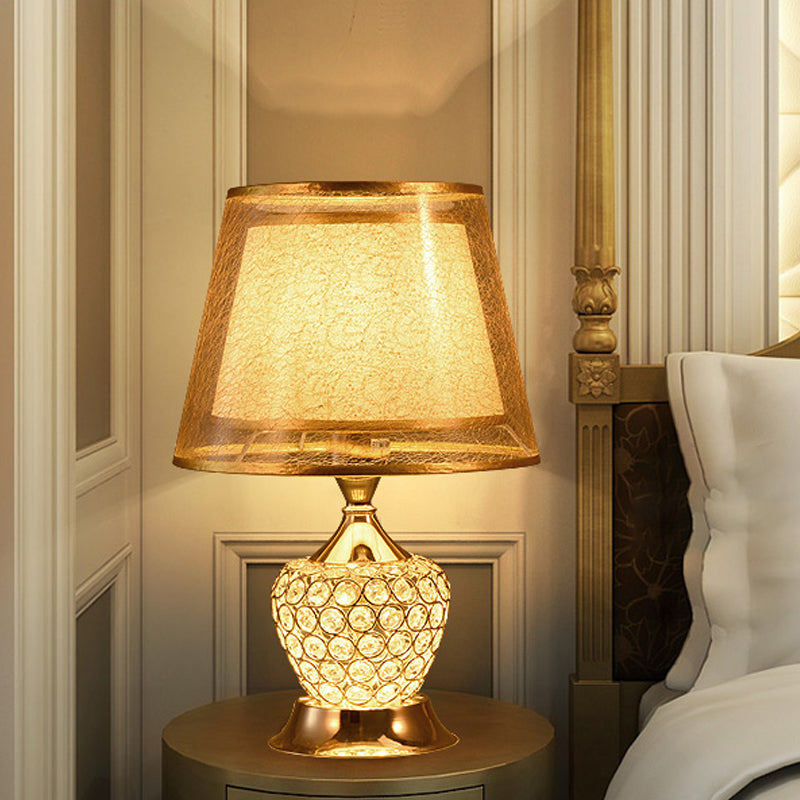 Modern Gold Desk Lamp With Crystal Bead - Small Flared Shade Fabric Flair 1 Head