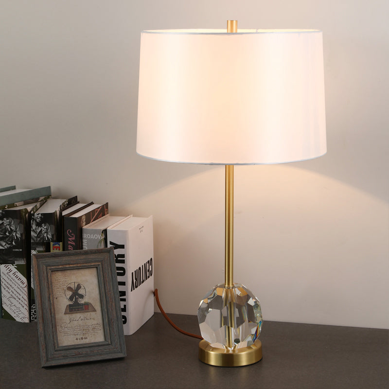 Modernist Gold Task Lamp With Crystal Ball - Fabric Drum Shade 1 Bulb Reading Light