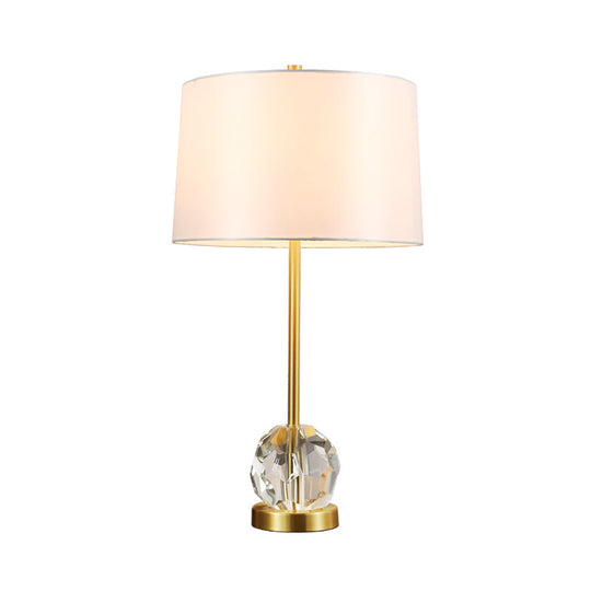 Modernist Gold Task Lamp With Crystal Ball - Fabric Drum Shade 1 Bulb Reading Light