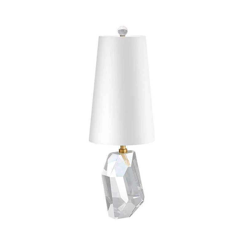 White Geometric Fabric Desk Lamp With Beveled Crystal Accent - Simplistic 1-Head Night Table Light