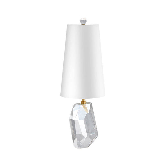 White Geometric Fabric Desk Lamp With Beveled Crystal Accent - Simplistic 1-Head Night Table Light