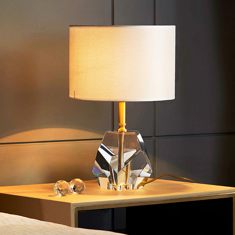 Modern Geometric Desk Lamp With Crystal Accents - Sleek White Table Light Fabric Shade