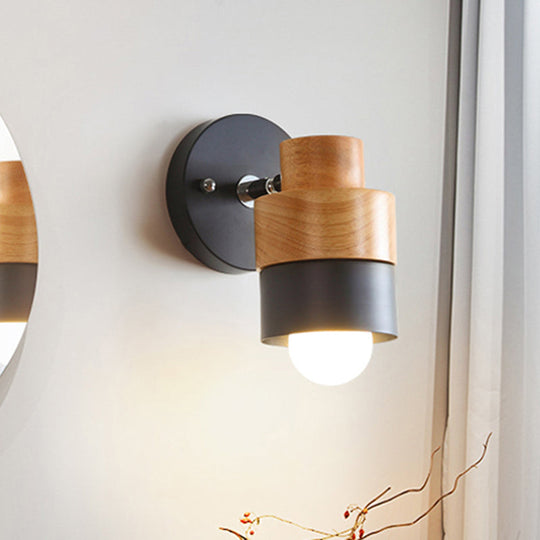 Modern 1-Light Rotatable Metal & Wood Wall Sconce In Black/White