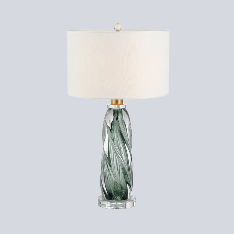 Contemporary Fabric Cylindrical Task Light - White Nightstand Lamp With Pewter Glazed Crystal Base