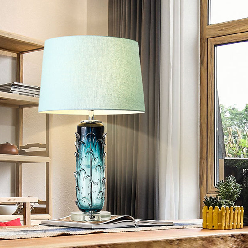 Modernist Blue Reading Lamp With Crystal Base: Tapered Drum Fabric Task Light