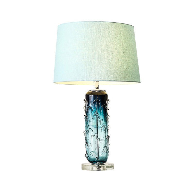 Modernist Blue Reading Lamp With Crystal Base: Tapered Drum Fabric Task Light