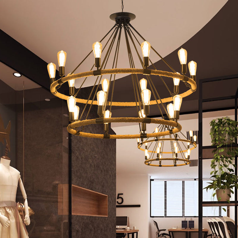 Industrial 2-Tier Beige Chandelier Pendant Lamp With 18 Ring Rope Lights For Restaurants