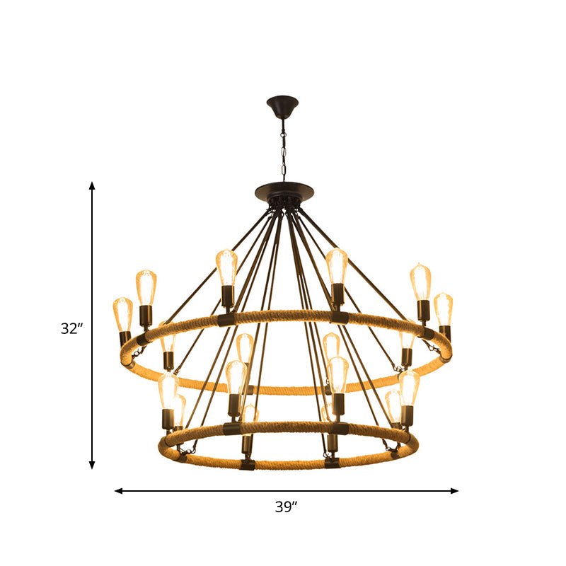 2-Tier Industrial Chandelier with 18 Hanging Lights, Beige Rope Pendant Lamp for Restaurants