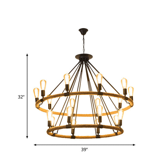 2-Tier Industrial Chandelier with 18 Hanging Lights, Beige Rope Pendant Lamp for Restaurants