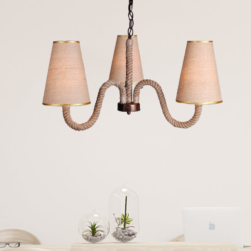 Beige Ceiling Chandelier With Antiqued Rope Design And Fabric Shade 3 /