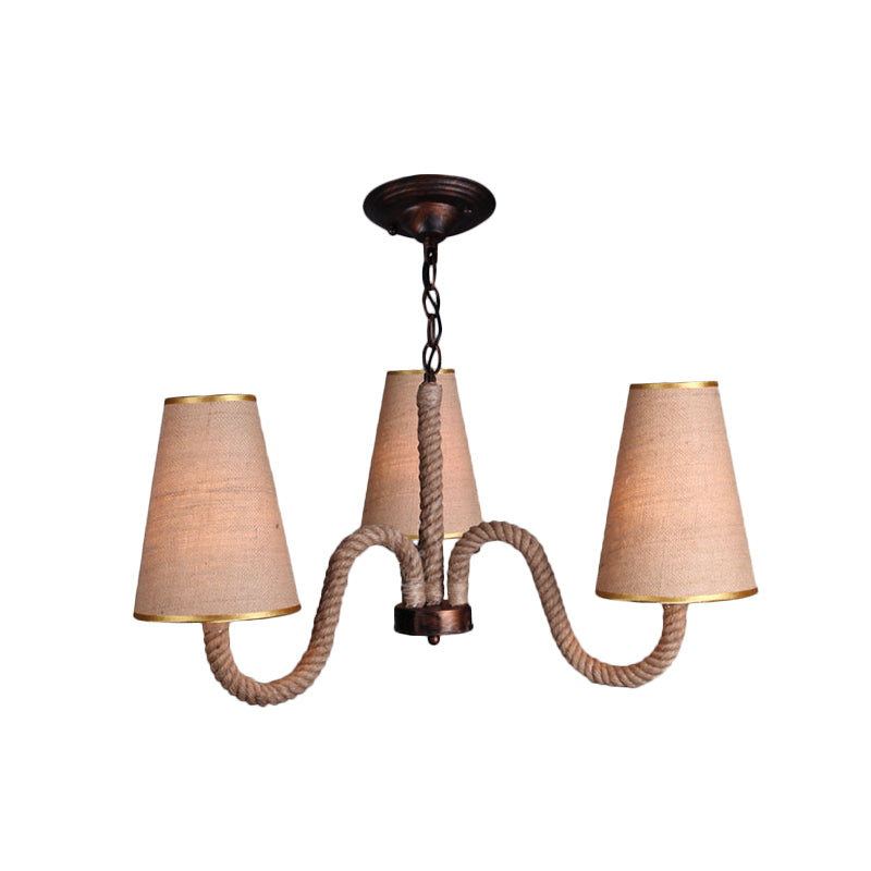 Beige Ceiling Chandelier With Antiqued Rope Design And Fabric Shade