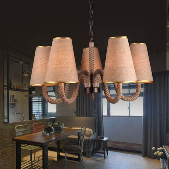 Beige Ceiling Chandelier With Antiqued Rope Design And Fabric Shade 5 /