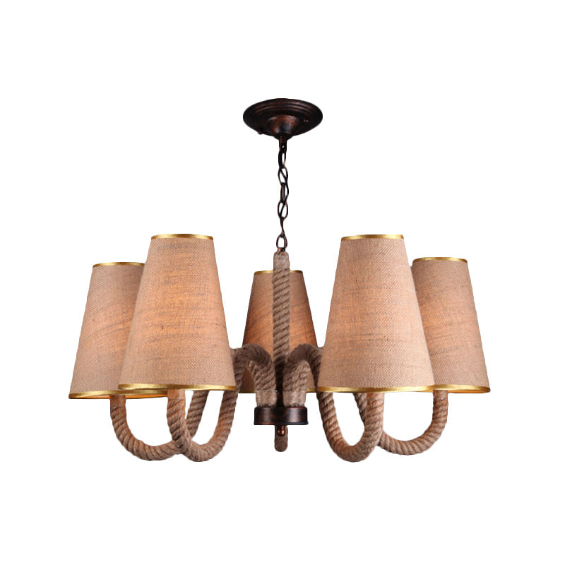Beige Ceiling Chandelier with Antiqued Rope and Fabric Cone Shades - 3/5/8 Heads