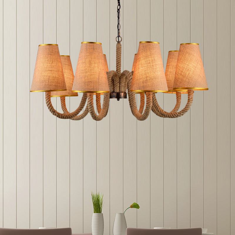 Beige Ceiling Chandelier With Antiqued Rope Design And Fabric Shade 8 /