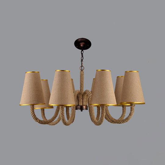 Beige Ceiling Chandelier With Antiqued Rope Design And Fabric Shade