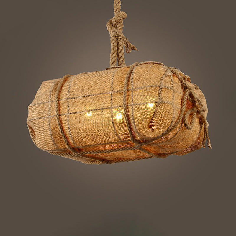 Beige Fabric Chandelier for Countryside Restaurants - Three Bulb Pendant Light with Rope Detailing