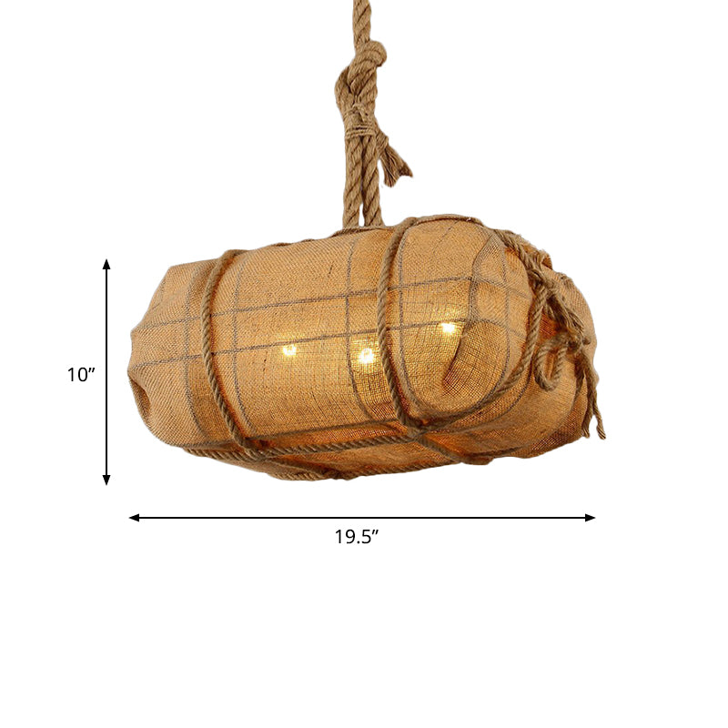 Beige Fabric Chandelier for Countryside Restaurants - Three Bulb Pendant Light with Rope Detailing