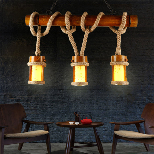 Vintage Wood Bamboo Island Pendant Lamp With Rope Cord - Set Of 3 Bulbs