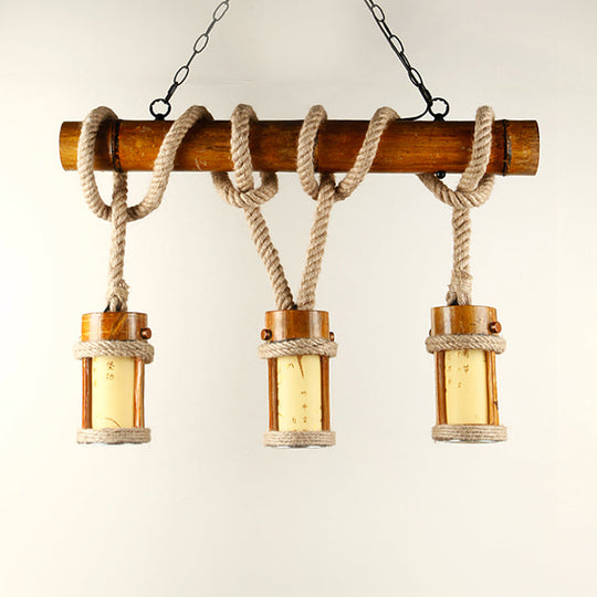Vintage Wood Cylindrical Pendant Lamp - Bamboo Island Lighting with Rope Cord - Set of 3 Bulbs