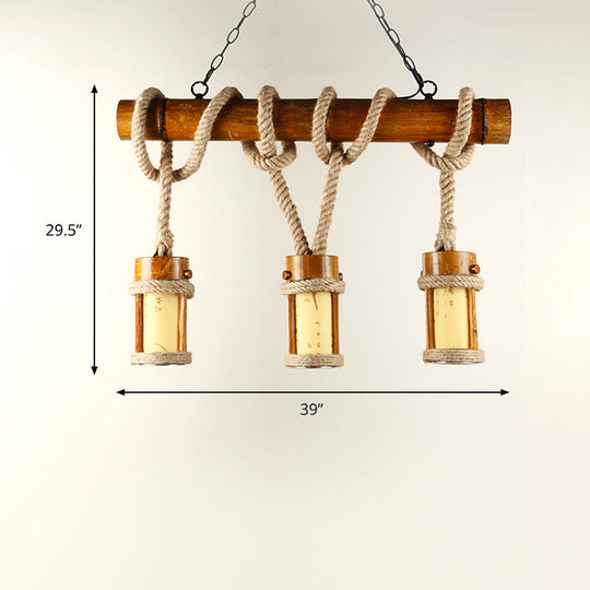 Vintage Wood Cylindrical Pendant Lamp - Bamboo Island Lighting with Rope Cord - Set of 3 Bulbs