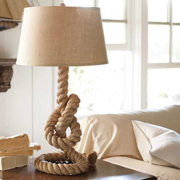 Industrial Barrel Desk Lamp With Coarse Knots Rope Base - Fabric White 1 Head Perfect For Living