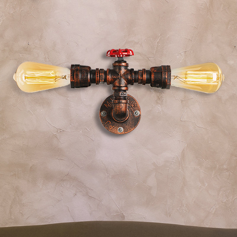 Warehouse Style Open Bulb Metal Wall Lamp With Water Valve - Dark Rust Sconce Lighting For Living