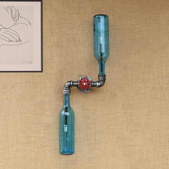 Industrial-Style Gray/Blue Glass Wall Sconce Light With 2 Wine Bottle Lights Ideal For Living Room