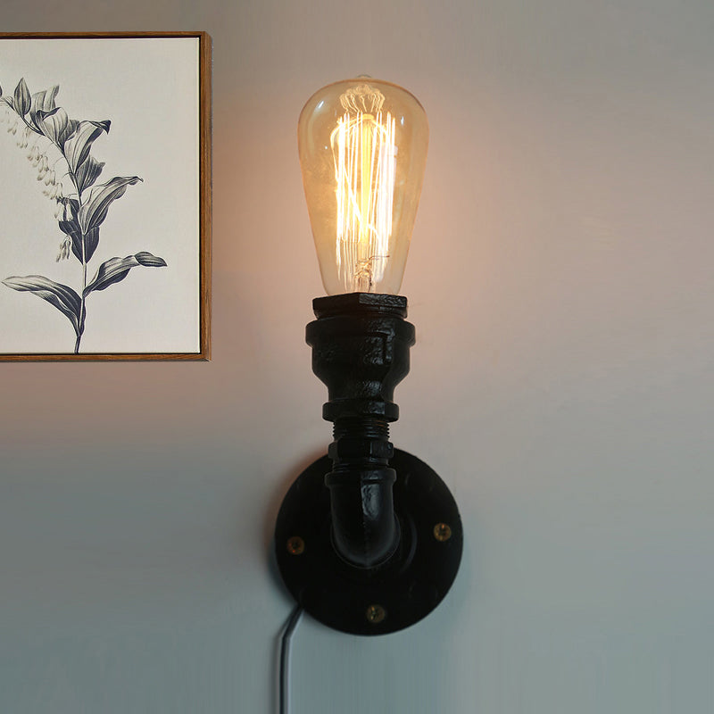 Industrial Bare Bulb Mini Wall Light In Black/Copper For Living Rooms With Metallic Water Pipe