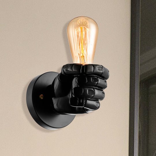 Vintage Wood Bare Bulb Sconce Light With Hand-Shaped Base - Black/White Restaurant Wall Lamp