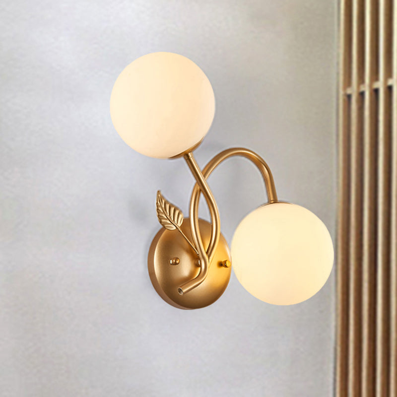 Modern Double Globe Opal Glass Wall Light: 2-Bulb Coffee Shop Sconce In Black/Gold