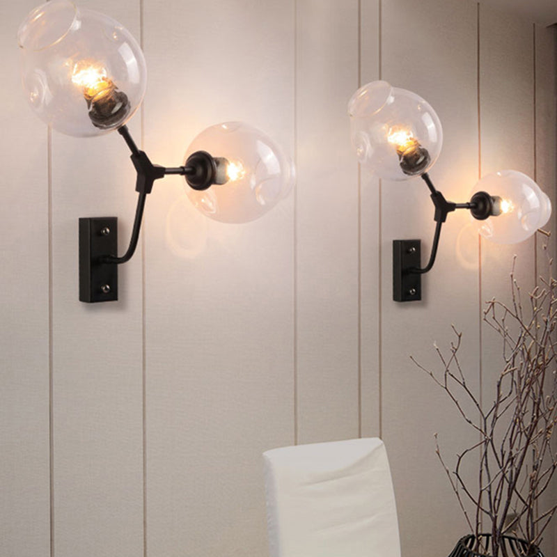 Modern Clear Glass 2-Light Bubble Shade Bedroom Wall Sconce Lamp In Black